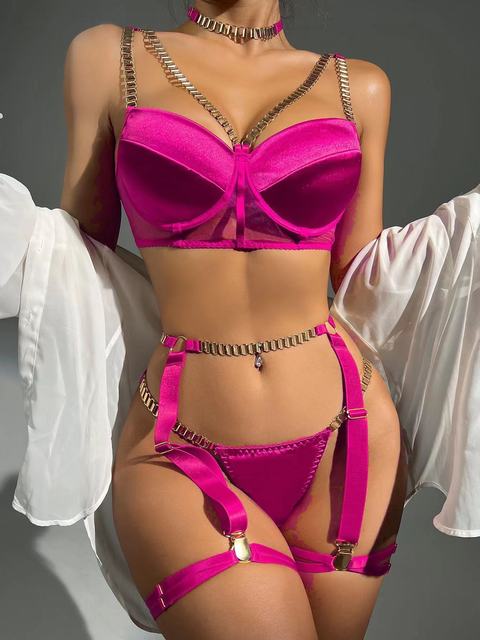 Merdiven Zincirli Göğüs Balenli Kadın Seksi Jartiyer Takım PINK EFA